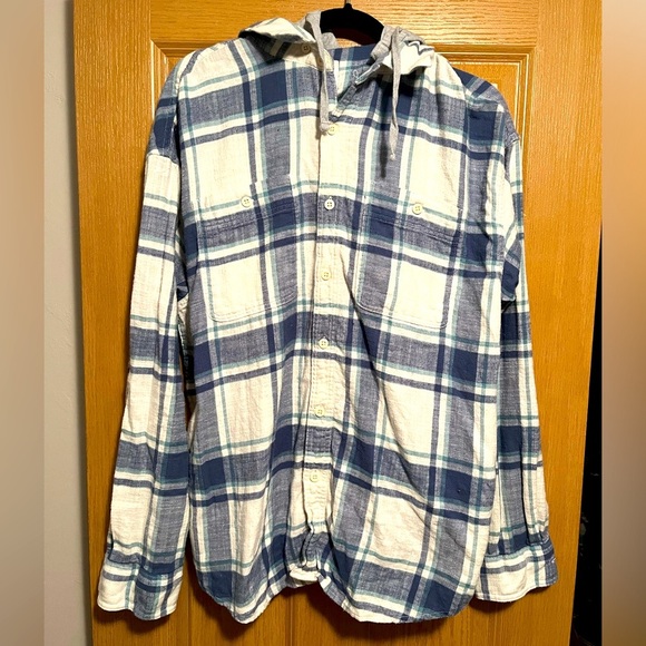 American Eagle Button-up Hooded Flannel Shirt Men's Size Large Blue Plaid - Picture 1 of 8